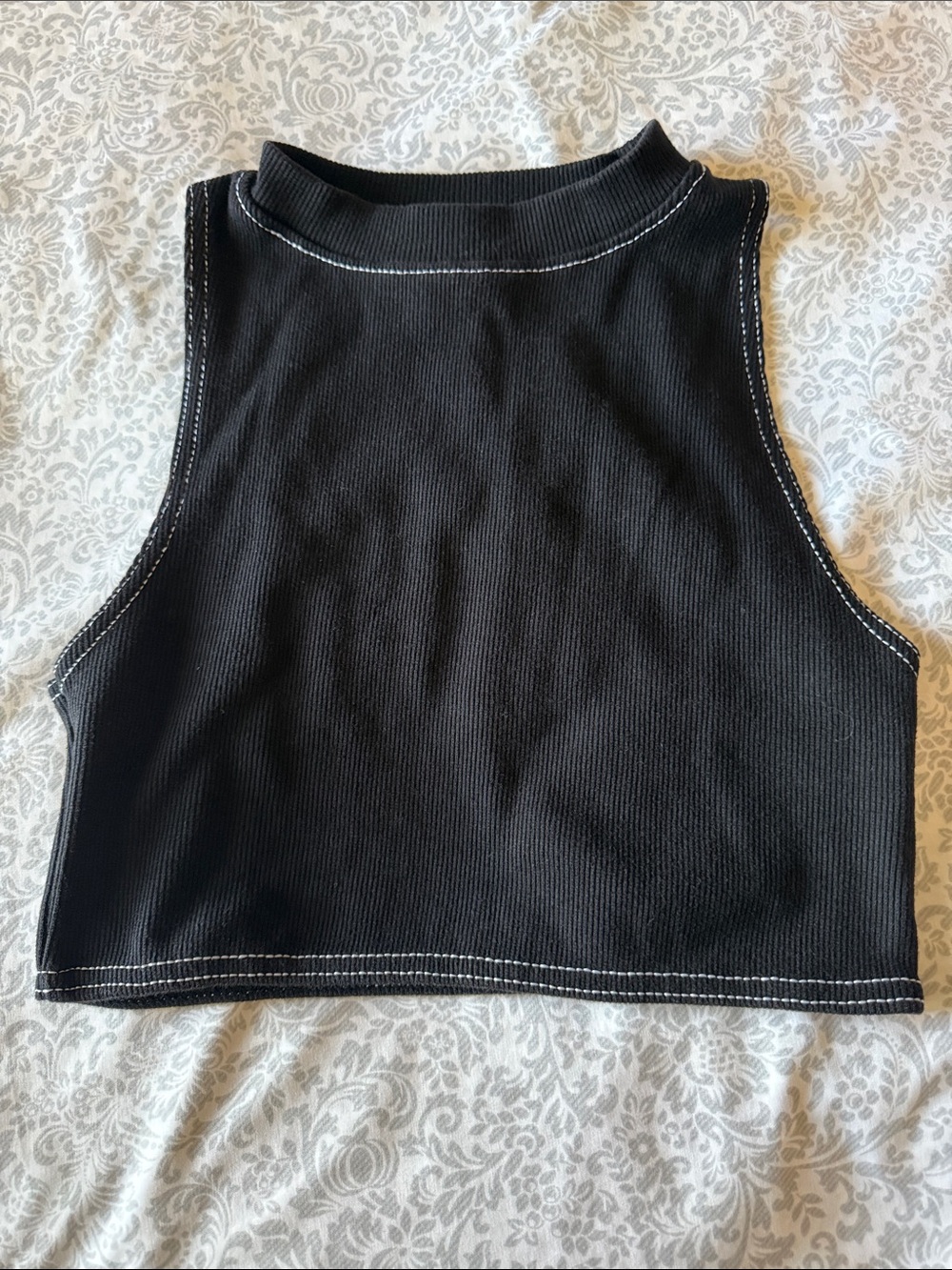 Black Ribbed Mock Neck Crop Top with White Stitching